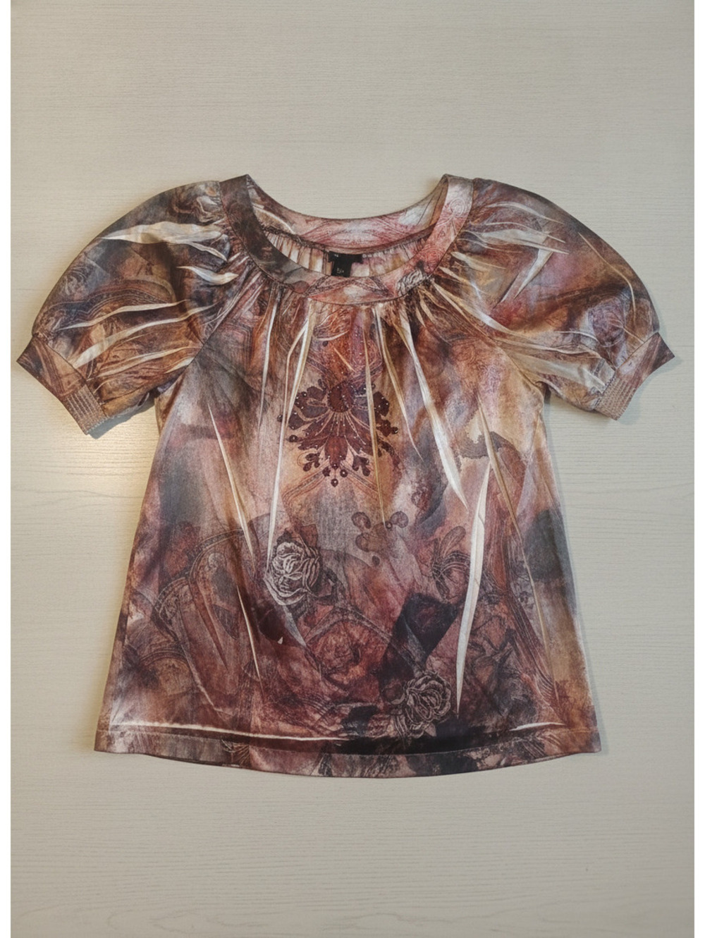 Lane Bryant Plus Size Printed Blouse Top Size 14/16 Burgundy Boho Beaded Neck